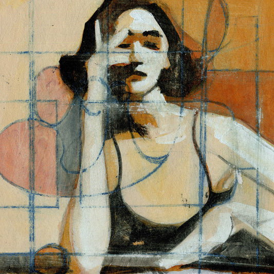 Woman in Black Tank III, original mixed media painting on paper by Denise Souza Finney, painted woman in a black tank and black hair overlaid with an abstract background