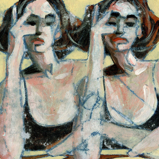 Two Women in Black Tanks, original mixed media painting on paper by Denise Souza Finney, textural painting of two repeating women in black tanks with hands to face