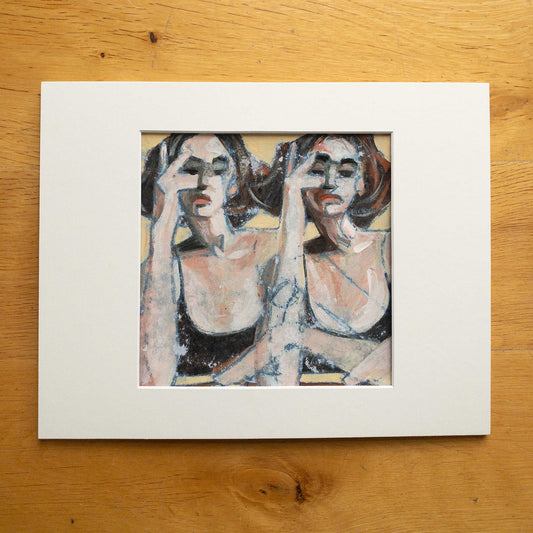 Two Women in Black Tanks shown matted, textural painting of two repeating women in black tanks with hands to face