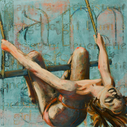 An original acrylic painting featuring a young girl in a swimsuit mid-swing against a textured teal and peach background with the words 'persistent girl' painted in a stylized font.