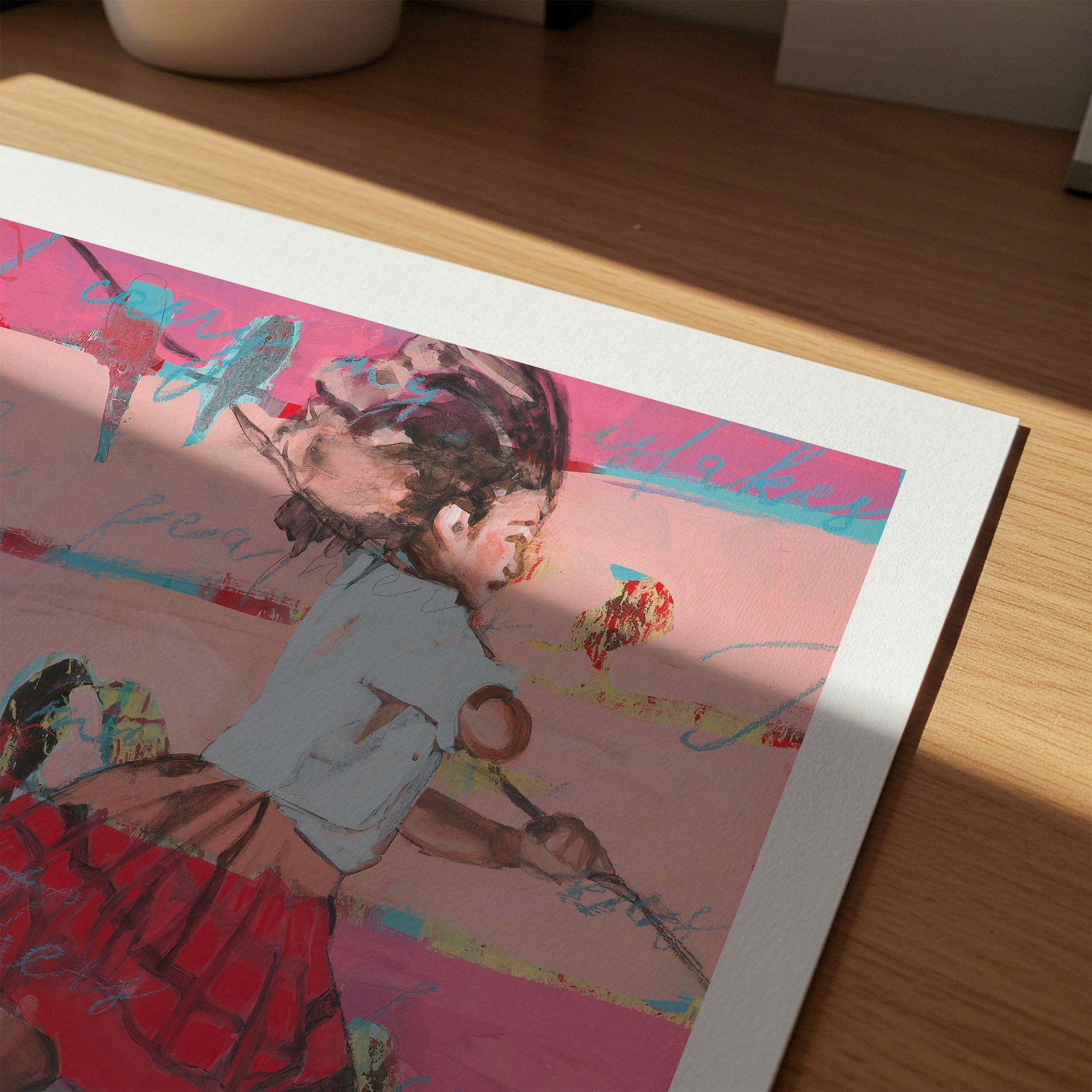 Close up of limited edition archival giclee print of barefoot girl in red pleated skirt running with stick across layered pink and magenta background with teal script and birds.