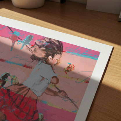 Close up of limited edition archival giclee print of barefoot girl in red pleated skirt running with stick across layered pink and magenta background with teal script and birds.