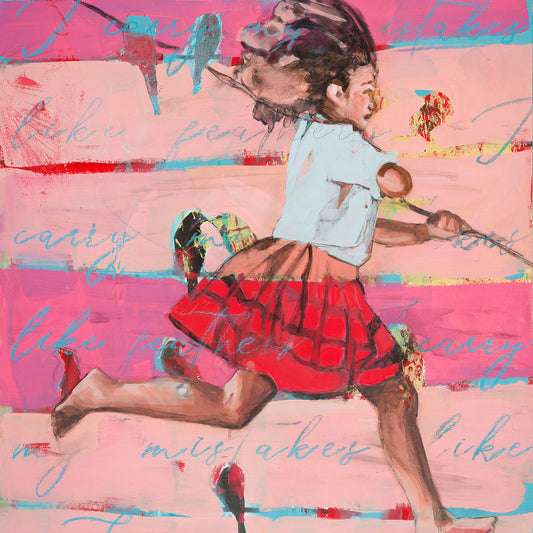 Original acrylic painting of barefoot girl running with stick wearing red skirt and light blue top across vibrant pink stripes and blue background with birds and inspirational text about mistakes