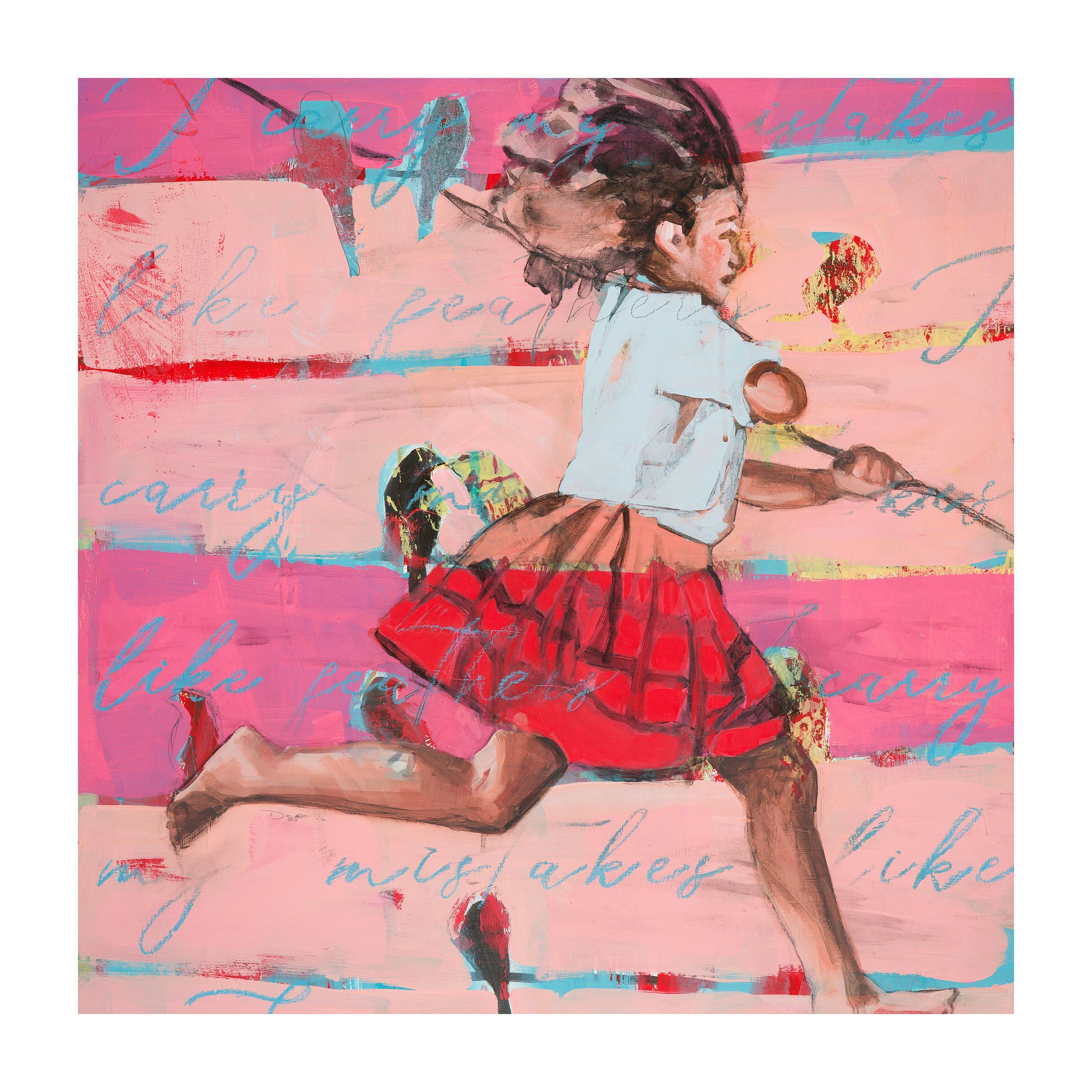 Limited edition archival giclee print of barefoot girl in red pleated skirt running with stick across layered pink and magenta background with teal script and birds. Image is 12x12 inches.