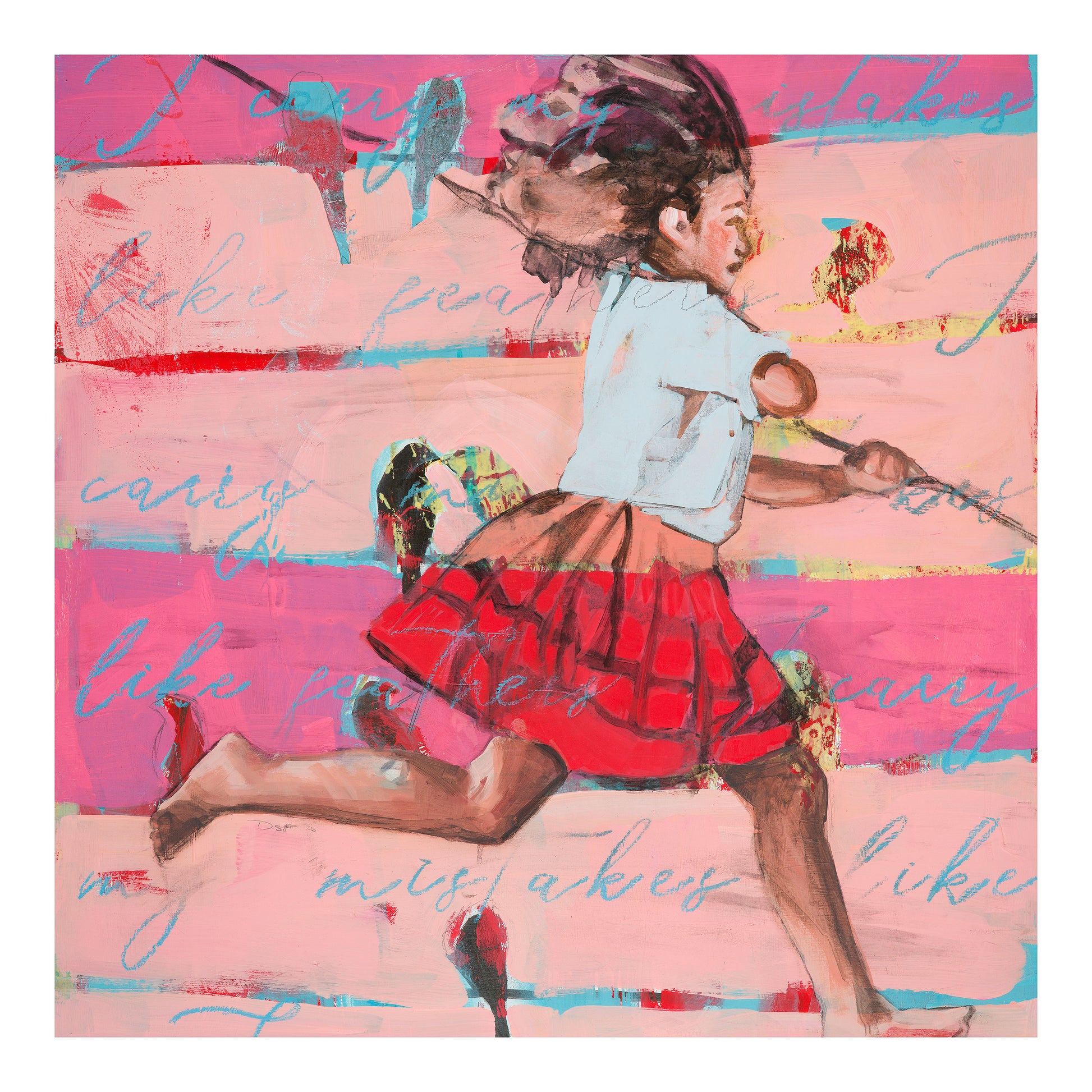 Limited edition archival giclee print of barefoot girl in red pleated skirt running with stick across layered pink and magenta background with teal script and birds. Image is 24x24 inches.
