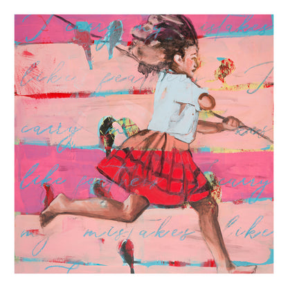 Limited edition archival giclee print of barefoot girl in red pleated skirt running with stick across layered pink and magenta background with teal script and birds. Image is 24x24 inches.
