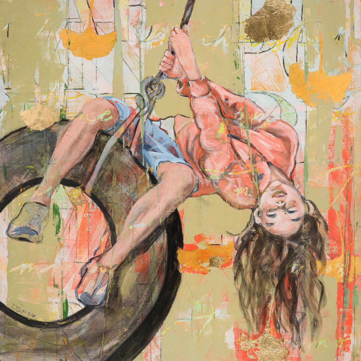 Limited edition archival giclee print of girl on tire swing with head back and long hair falling, surrounded by layered ginkgo leaves with gold leaf accents on warm sage and coral background