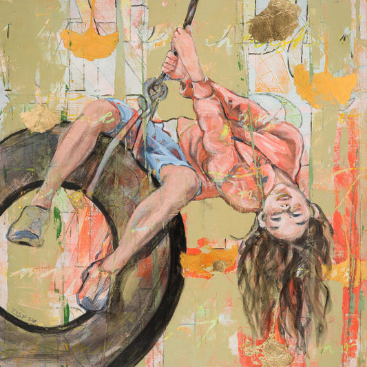 Original acrylic painting of child on tire swing with long hair flowing back, surrounded by abstract ginkgo leaves with gold leaf on soft sage and coral background
