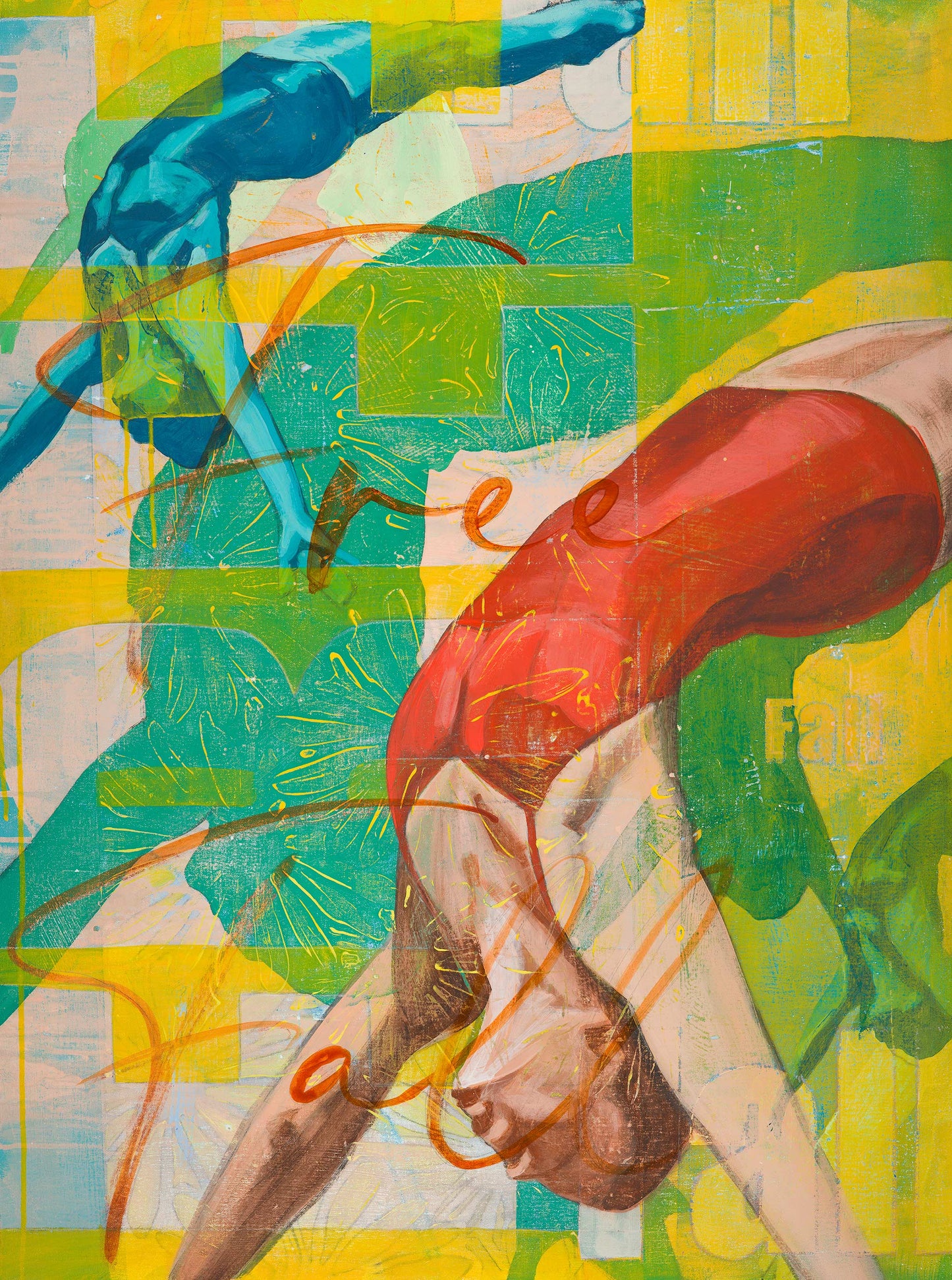 Original large acrylic painting of diver in red bathing suit performing backwards dive with layered figures across vibrant turquoise yellow and green geometric background