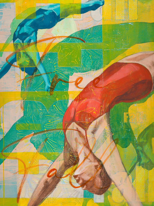 Original large acrylic painting of diver in red bathing suit performing backwards dive with layered figures across vibrant turquoise yellow and green geometric background