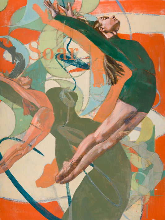 Original large acrylic painting of gymnast or dancer in teal leotard soaring forward with repeated figures creating dynamic pattern against bold orange and green geometric background