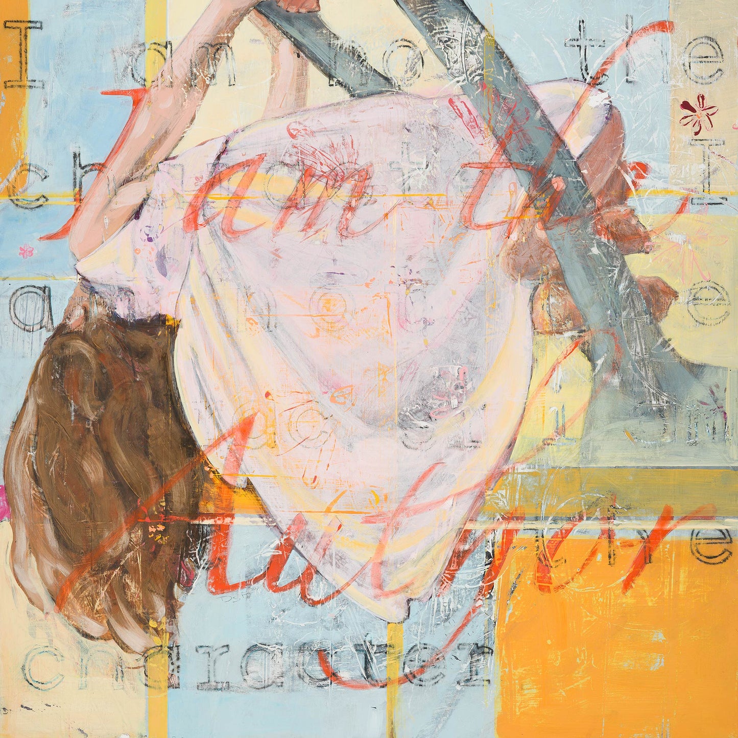 Limited edition archival giclee print of young girl hanging upside down from tree branch mid-climb, with layered text reading I am not the character and I am the Author in red script on blue and golden yellow background