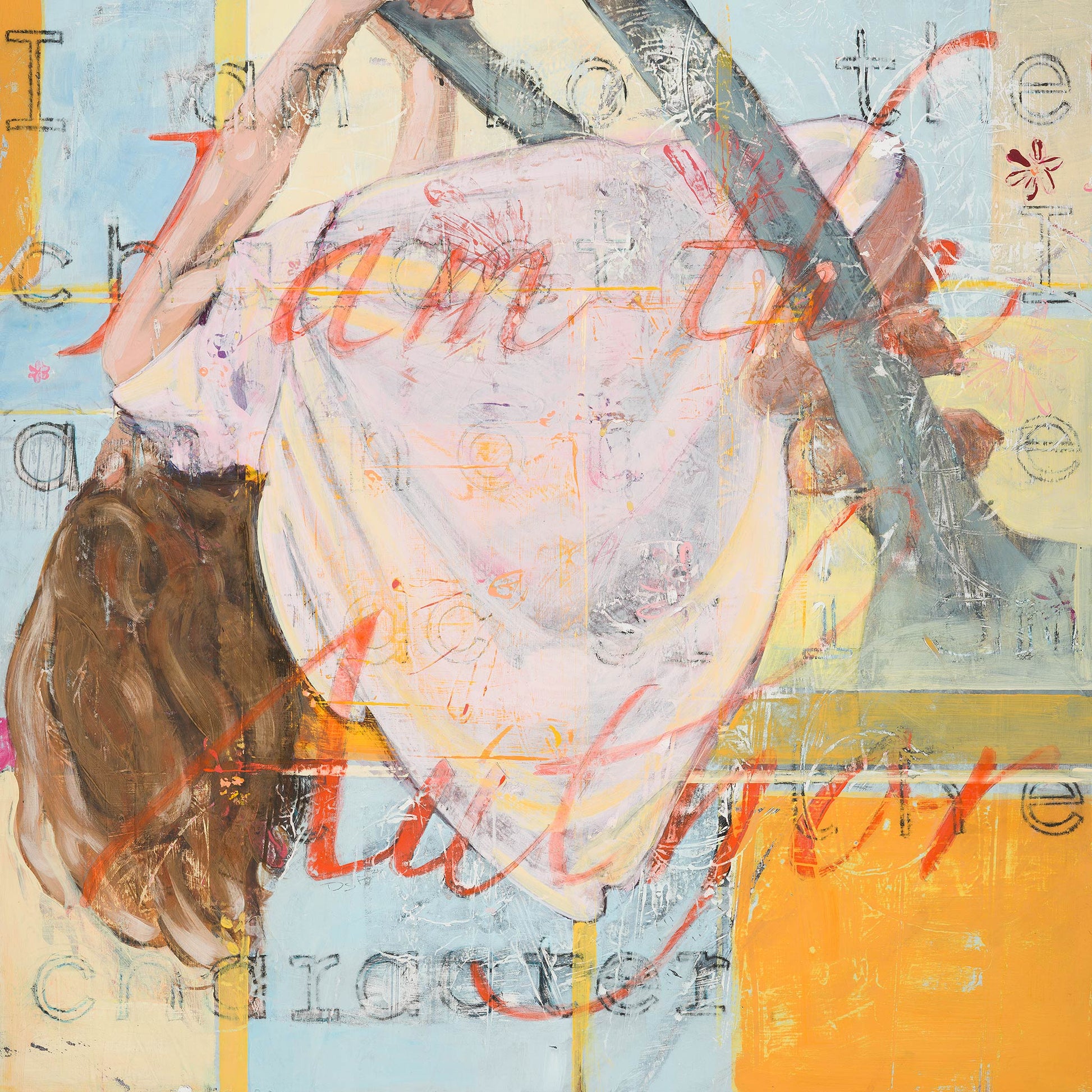 Limited edition archival giclee print of young girl hanging upside down from tree branch mid-climb, with layered text reading I am not the character and I am the Author in red script on blue and golden yellow background