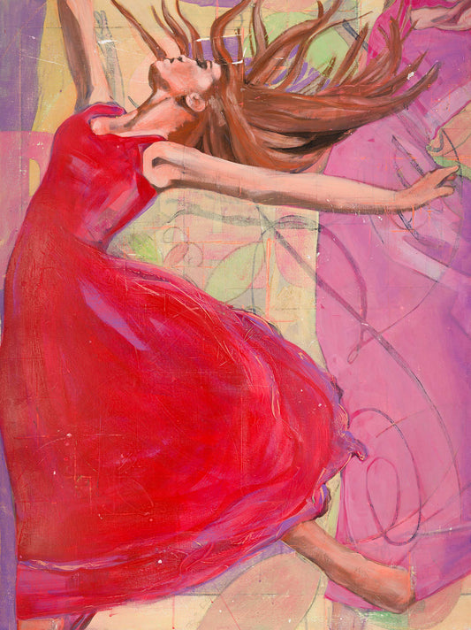 Original large acrylic painting of dancer in flowing red dress mid-leap with repeated figures and inspirational text across vibrant abstract background